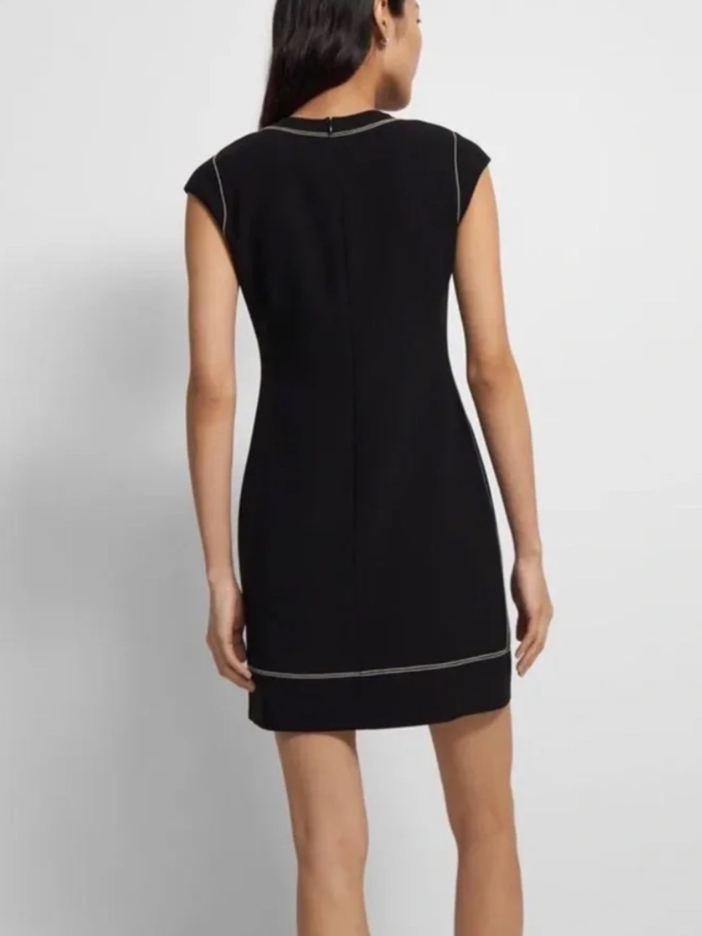 Theory Black Cap-Sleeve Shift Dress with Contrast Stitching